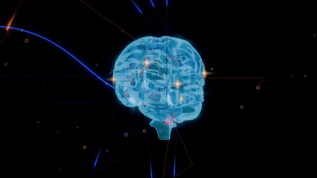 Responding to left curved blue stream, cyan 3D brain model in void lighting nodes, forming links