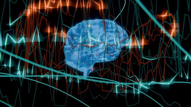 Rotating clear blue 3D brain syncing nodes to orange flares in black void, teal lines sweeping