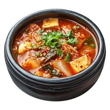 Asian soup named Kimchi Jjigae isolated on transparent background