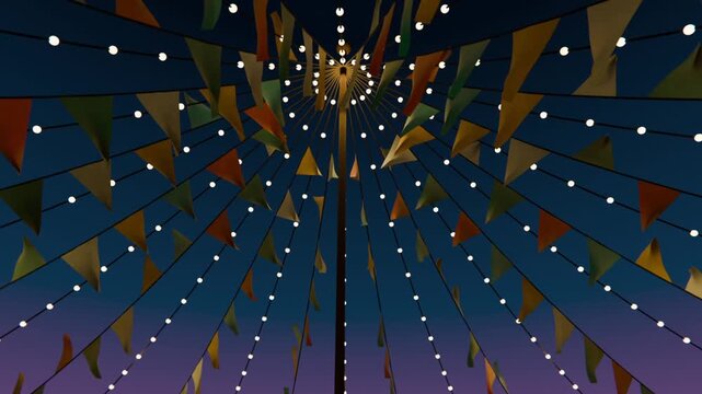 Panning camera toward pole canopy at fair to center, breeze making bulbs glow and flags flutter