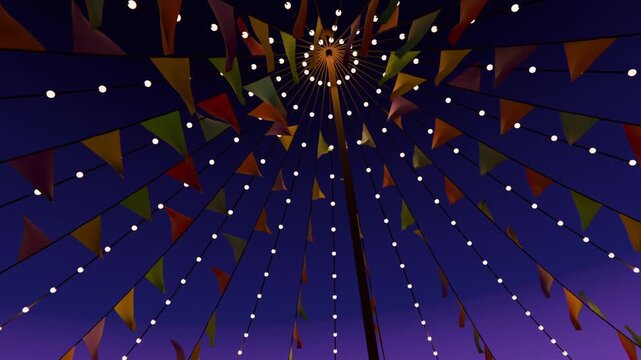 Fluttering bunting on pole-top canopy and radial strings swaying in breeze at dusk, bulbs glowing