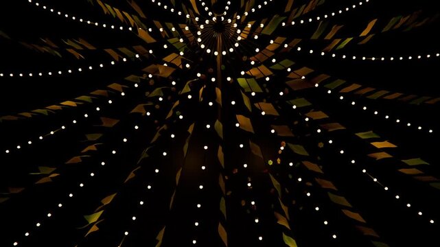 Tilting camera up capturing central hub canopy at night, revealing radial bulb strings and pennants