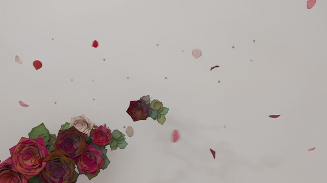 Speckles appearing, rose cluster releasing petals across pale paper backdrop, copy space