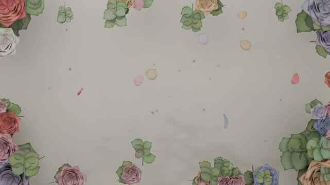 Floating petals drifting across pale center, animation releasing them and revealing roses, basket
