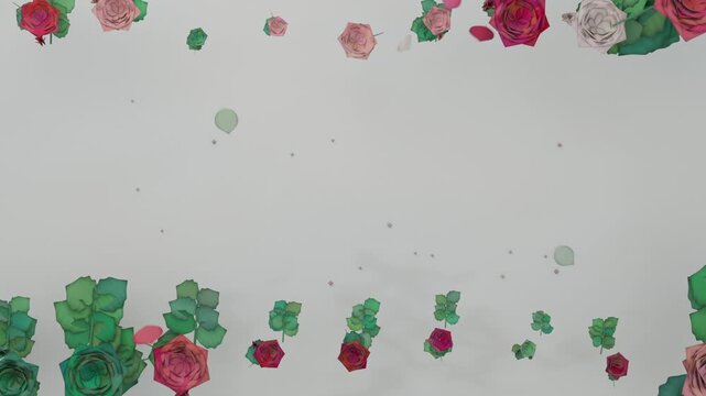 Petals falling from rose bands making flower band sending petals into pale backdrop creating column