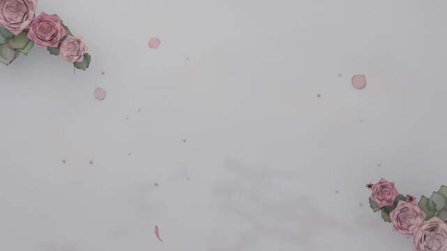 Watercolor rose clusters in corners releasing pink petals as sequence begins on paper forming card