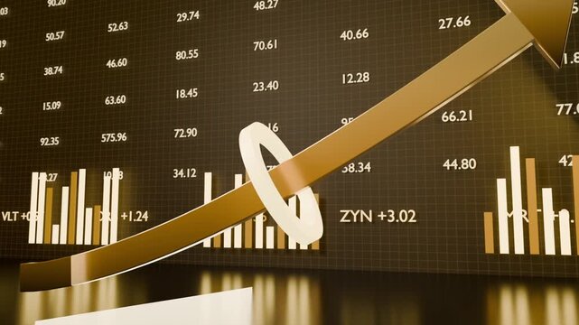 Data wall activating, gold arrow with ring sweeping up-right in studio, showing percent and bars