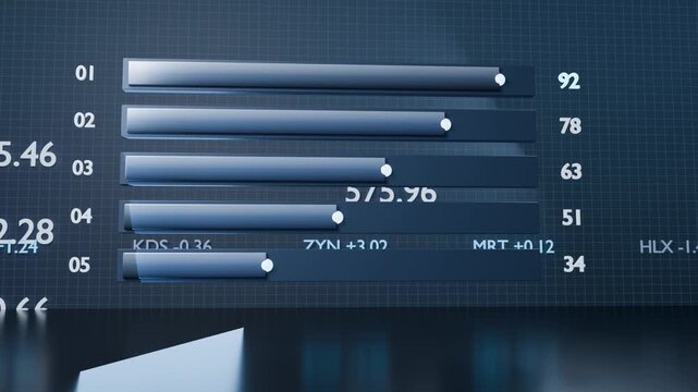 Animating 3D bar chart on play over bluish grid, filling bars showing numeric ranks with dots
