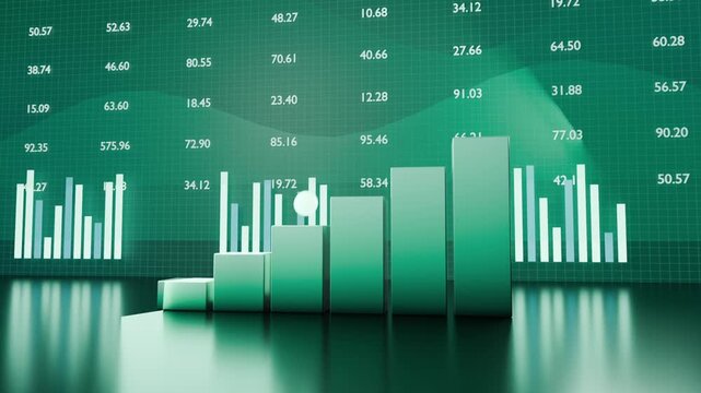 Starting animation forming six green bar steps white sphere climbing at CGI set arrow showing gain