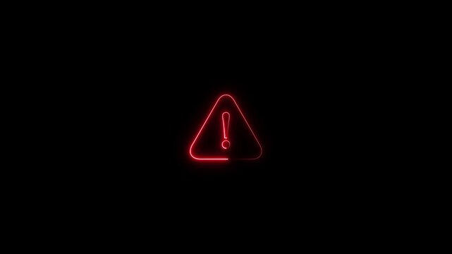 Red neon warning sign pulsing on black background, for cybersecurity and, alert concepts, danger caution