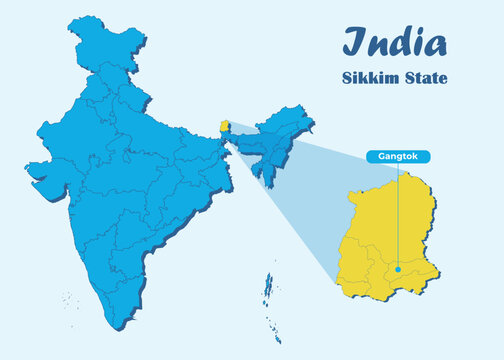 Sikkim state highlighted in yellow in Indian map with editable vector illustration. Political map showing the location of Sikkim with Gangtok marked, suitable for education, travel.