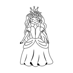 Fototapeta premium Printable princess coloring page featuring a cute fairy tale princess wearing a crown, floral wreath, elegant gown and jewelry designed for preschool and kindergarten children