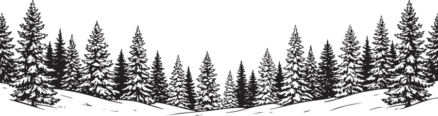 Fototapeta premium Snowy forest landscape with pine trees on a hill in winter