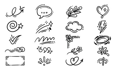 Fototapeta premium Hand drawn collection of love and romantic doodle elements, including hearts, decorative swirls, floral flourishes, and speech bubbles