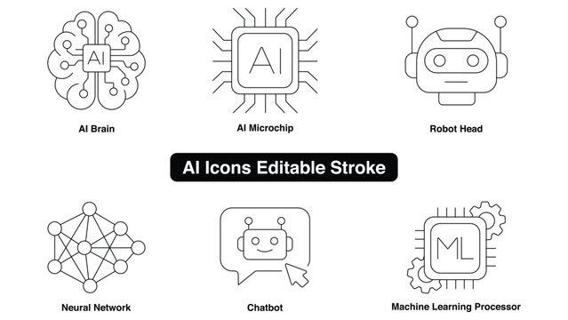 Professional artificial intelligence vector icon set with editable stroke