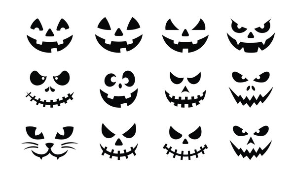 Halloween pumpkin carving faces vector icon set with scary jack o lantern silhouette isolated on white background