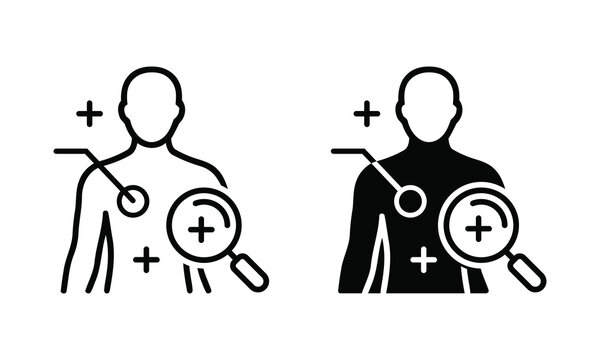 Medical body scan checkup icon vector set with magnifying glass torso profile and silhouette isolated on white background