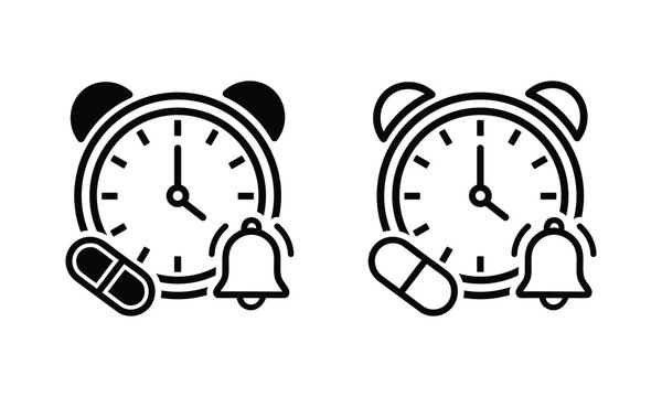 Pill medication reminder icon vector set with alarm clock bell and medicine capsule silhouette isolated on white background
