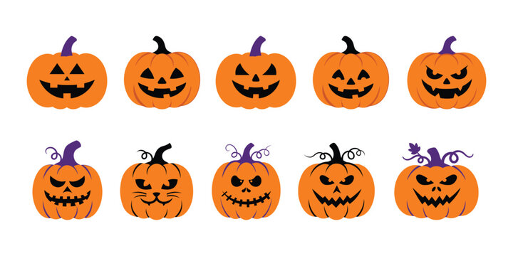 Halloween pumpkin jack o lantern faces vector icon set with scary silhouette clipart isolated on white background