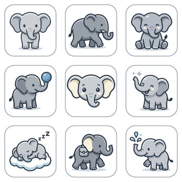 A collection of cute cartoon elephant illustrations.