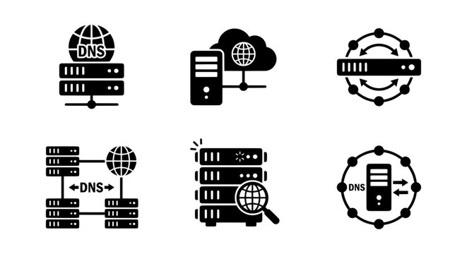DNS Server Icons, Network Hosting Symbols, Data Center Vector Graphics Set