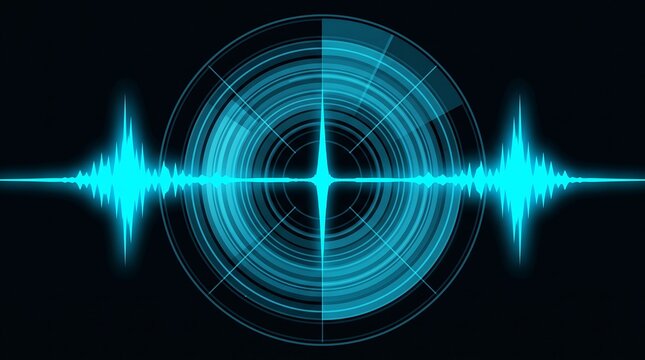 Futuristic Digital Sound Wave and Circular Radar Interface Design for Audio Frequency Analysis and Technology Concept