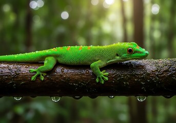 Fototapeta premium Detailed macro shot of a bright green gecko with orange spots resting on a wet mossy tree branch