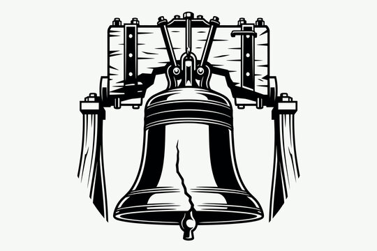 Liberty bell silhouette with detailed yoke and clapper a black and white graphic representation historical artifact independence freedom symbolism