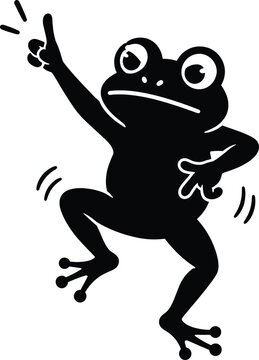 Cute black cartoon frog dancing with raised finger in cheerful playful character illustration