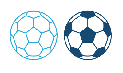Naklejka premium Two soccer balls a light blue outline and a dark blue filled version against a white background ball football sphere round