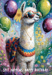 Obraz premium Colorful Llama Wearing Birthday Sunglasses with Balloons, Vibrant Hand Painted Greeting Card Illustration