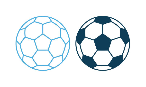 Two soccer balls a light blue outline and a dark blue filled shape against a white background ball football