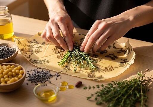 Woman wrapping fresh herbs in sustainable beeswax food wrap on a wooden kitchen table surface