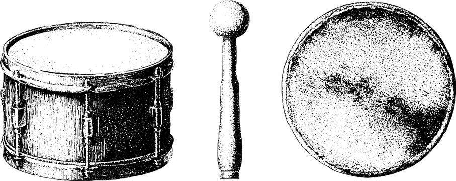 Vintage stippled drum and drumstick line drawing on white background for musical instrument reference and background design