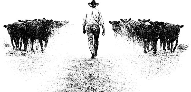 Rear view drover walking between cattle on a dusty outback track in black and white stippling style background for rural poster and design