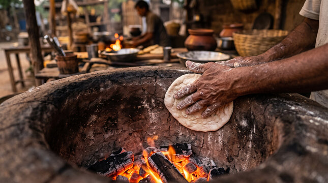 Hands pressing dough onto a traditional clay oven wall &mdash; cultural heritage and traditional bread-baking craft concept.
