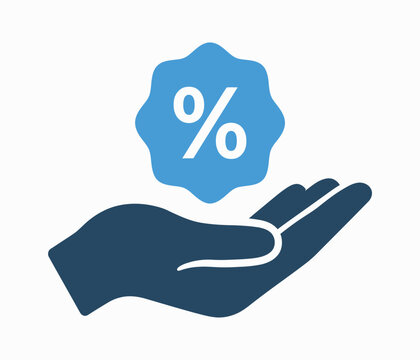 Percentage sign held in a hand a flat two color icon on a white background discount percent rate ratio proportion