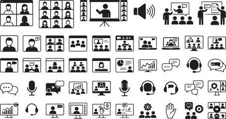 Obraz premium Collection of video conference icons. Communication and collaboration symbols.