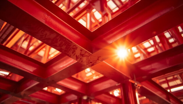 Red steel beams of a building structure. Industrial construction framework with sun flare.