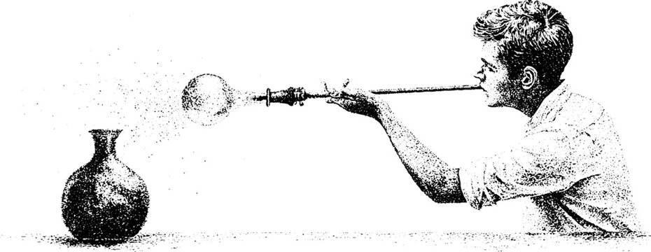 Stippled black and white portrait of a glassblower using a blowpipe to form a glass bubble for craft and design study