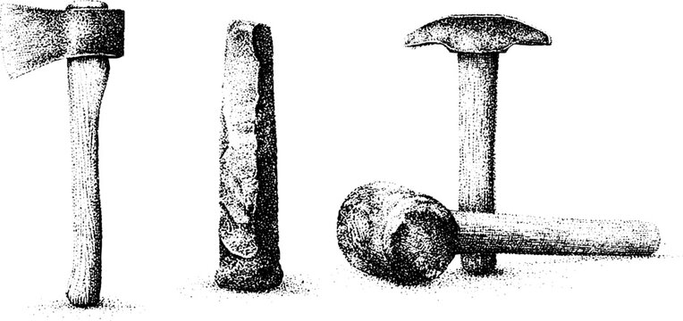 Stippled black and white set of axes wedges mallet and hammer for hatchet maker workshop and traditional woodworking tool background and vintage design elements