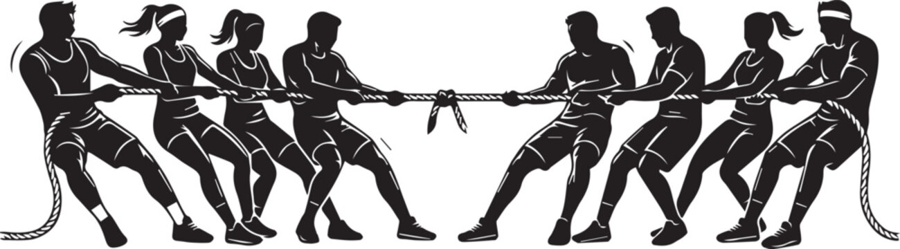 People pulling rope in silhouette. Teamwork and strength in a tug of war.