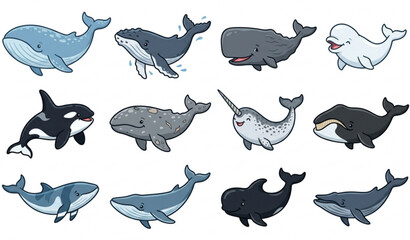 Cute Whale Cartoon Vector Collection with Ocean Mammal Character Set © Sagor