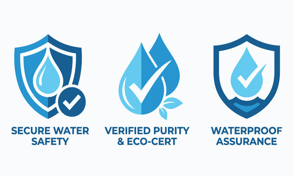 Water droplet shield icons with checkmarks represent security purity and waterproofing concepts on a white background aqua assurance background