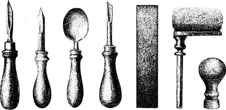 Set of linocut carving gouges brayer roller and printing block in black and white for art studio background and craft poster design