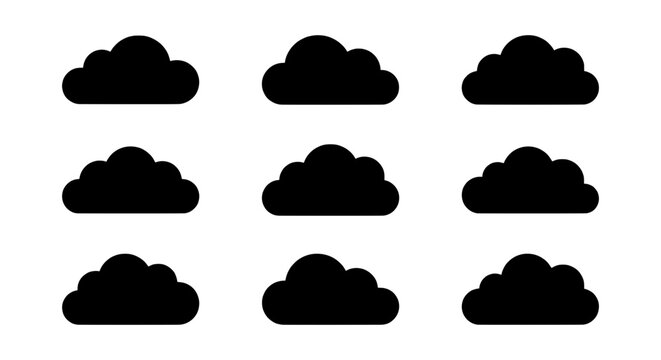 Set of 9 Black Cloud Icons, Simple Vector Shapes, Weather Symbols, Sky Elements