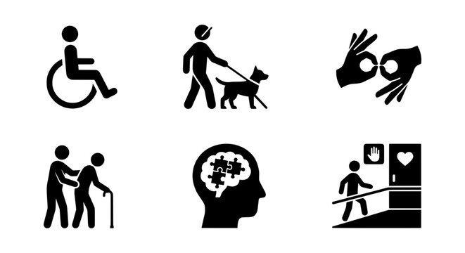 Disability Icons: Wheelchair, Guide Dog, Sign Language, Elderly Care, Brain Health, Accessibility