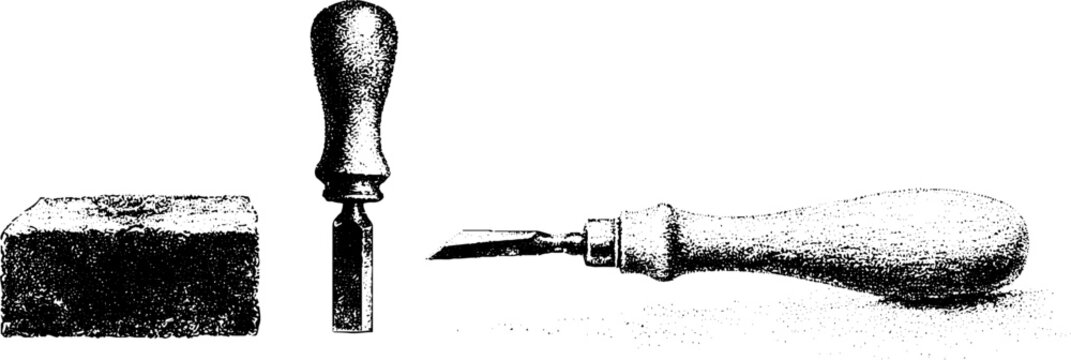 Engraver tools with square graver and metal plate black and white engraving image for tool reference and craft background