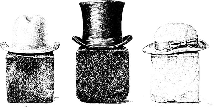 Vintage milliner hat collection on display blocks black and white stippled illustration for fashion poster or label design
