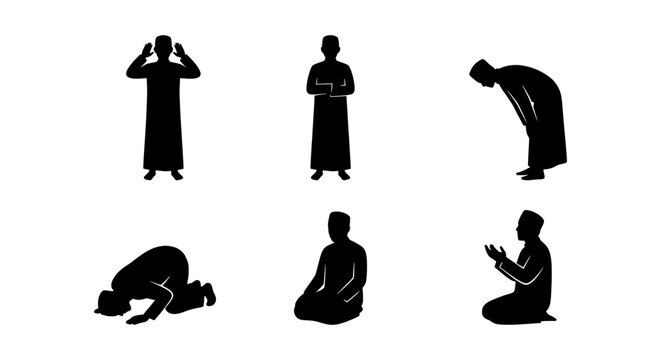 Islamic Prayer Poses Silhouette Set, Muslim Man Worship, Salat Positions, Religious Rituals Vector Icons